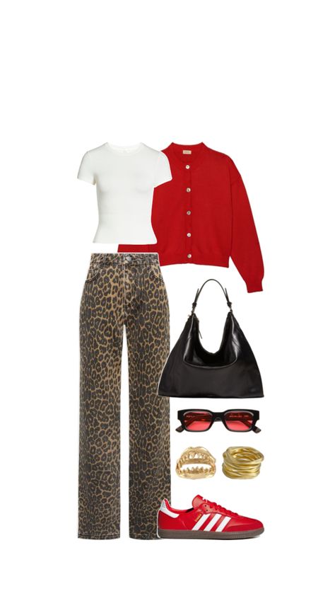 Leopard jeans red knit cardigan cool girl outfit inspo sambas adidas fall Pinterest spring LA NYC New York Bella Hadid styling polyvore stylist inspiration Lepord Jeans Outfits, Leapord Jeans Outfits, Red Outfit Combination, Red Boots Outfit Fall, Leopard Adidas Outfit, Cheetah And Red Outfit, Red Adidas Samba Outfit, Red Fleece Outfit, Leopard Samba Outfit