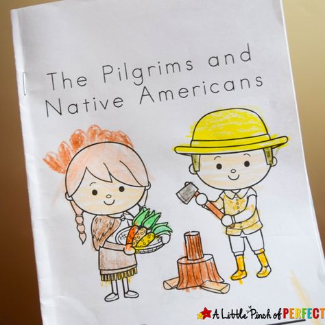 Thanksgiving Free Printable Easy Reader Book with Pilgrims and Native Americans: Choose to print out the black and white coloring page version or the full color version, assemble, and watch your child learn to read. (Kindergarten, First Grade, November, Language Arts, Emergent Reader) The First Thanksgiving Kindergarten, Pilgrim Crafts Preschool, The First Thanksgiving Story, Thanksgiving Story For Kids, Pilgrim Activities, Pilgrim Crafts, Thanksgiving Activities For Kindergarten, Easy Reader Books, Thanksgiving History