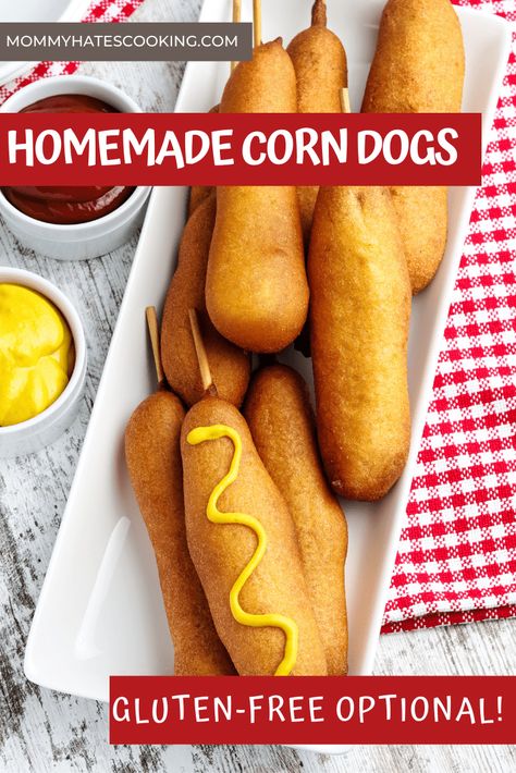 Get fair food right at home with Homemade Corn Dogs, these are also so simple to make gluten-free if that's a need too! Gluten Free Corndog Recipe, Corndog Batter Recipe, Gluten Free Corn Dogs Recipe, Gluten Free Corn Dogs, Corn Dog Batter, Homemade Corn Dogs, Homemade Corndogs, Corndog Recipe, Batter Recipe