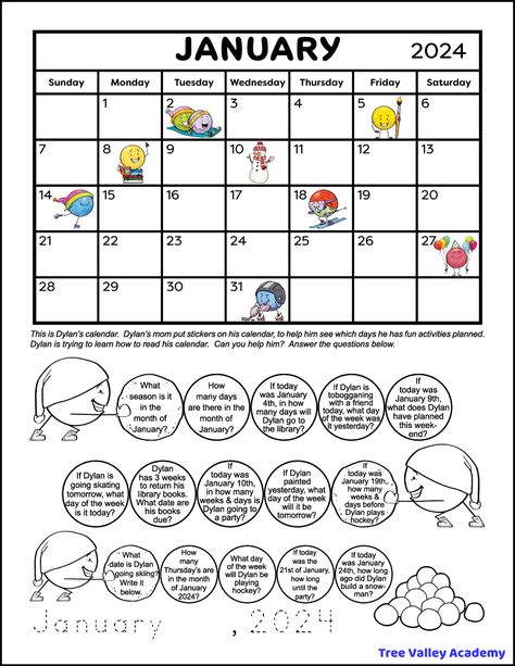 1st graders can learn calendar math with this fun calendar worksheet. Using a January monthly calendar, kids will practice reading a calendar. There are 15 calendar word problems for grade 1 students. A free downloadable PDF includes a printable January 2024 calendar and a different calendar worksheet for 2nd grade. Calendar Worksheets 2nd Grade, 1st Grade Calendar, Worksheet For 2nd Grade, January 2024 Calendar, Fun Calendar, Calendar Skills, Calendar Worksheets, Calendar Word, 3rd Grade Math Worksheets