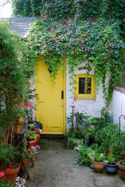 Green Front Doors, Yellow Cottage, Yellow Door, Yellow Doors, Potting Sheds, Cottage Gardens, She Sheds, Plants And Flowers, Garden Structures