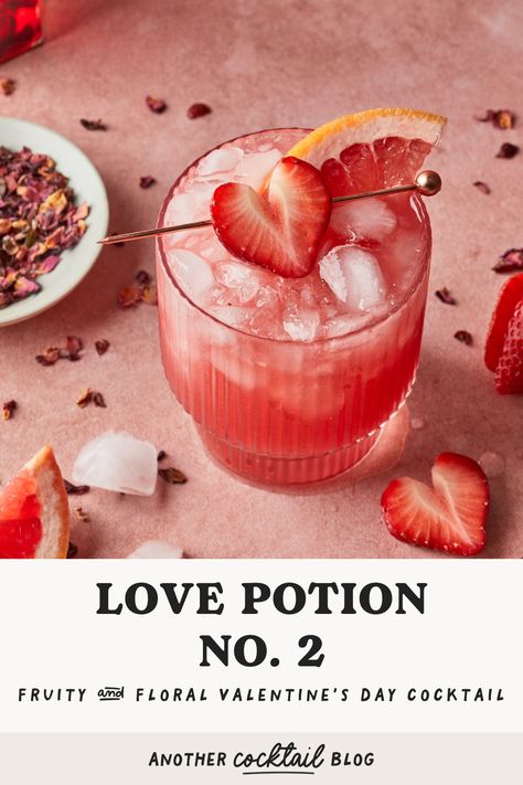 Raise you glass and get romantic with this refreshing love potion cocktail made with a mesmerizing blend of grapefruit juice, strawberry puree and sweet hibiscus syrup. Make this for your special someone this Valentine's Day, or share it with friends at your Galentine's celebration. Part Time Lover Cocktail, Love Potion Drink Cocktails, Love Themed Cocktails, Breakup Cocktails, Valentines Day Mocktail, Drink Content Ideas, Galentines Cocktails Drink Recipes, Red Cocktails Recipes, Valentines Day Cocktails Recipes