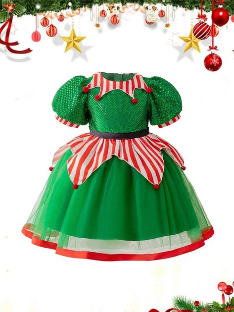 Young Girls Green Sequin Puff Sleeve Mesh Princess Dress, Suitable For Christmas Party, Costume Play And Party | SHEIN USA Christmas Play Costumes, Christmas Elf Dress, Princess Costume Kids, Fairy Princess Dress, Girls Christmas Party, Birthday Princess Dress, Elf Dress, Carnival Dress, Baby Costumes Girl