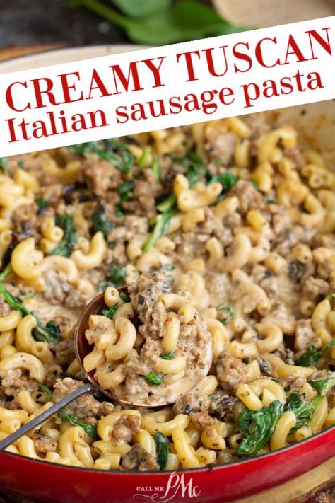 Creamy Tuscan Italian Sausage Pasta is a warming and cozy pasta dish with Italian sausage, sun-dried tomatoes, and spinach smothered in a rich creamy sauce. Italian Ground Chicken Sausage Recipes, Recipes With Ground Sweet Italian Sausage, Italian Sausage Alfredo Recipes, Ground Turkey And Italian Sausage Recipe, Dinner With Sausage Links, Ground Sausage Pasta Recipes, Food With Sausage, Ground Sausage Pasta, Sweet Italian Sausage Recipes Dinners