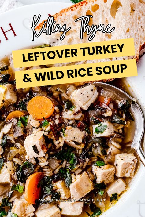 This warming leftover turkey and wild rice soup is a great way to use up your holiday leftovers! This version is lightened up by omitting cream, making it great for cold and flu season as well.  #souprecipe #turkeysoup #leftoverturkey #wildrice #thanksgivingrecipes #holidayrecipes Leftover Turkey Wild Rice Soup, Leftover Smoked Turkey Soup, Turkey Rice Soup Recipes Leftover, Turkey And Wild Rice Soup Crockpot, Cream Of Turkey And Wild Rice Soup, Leftover Wild Rice Recipes, Wild Rice Turkey Soup, Leftovers Turkey Recipes, Turkey Wild Rice Soup Recipes