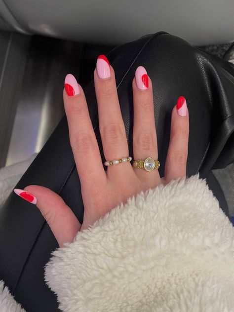 Pink And Red Spring Nails, Red Pink Gel Nails, Simple Pink And Red Nails, Pink Red Tip Nails, Red And Light Pink Nails, Red And Pink Nails Short, Pink And Red Gel Nails, Light Pink And Red Nails, Pink And Red Short Nails