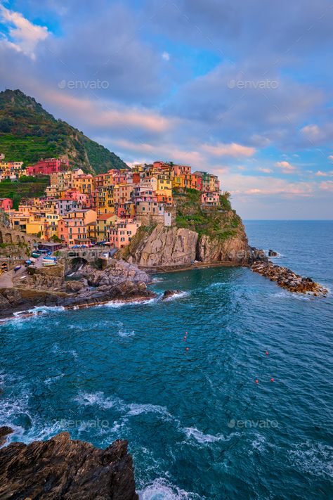 Manarola village on sunset, Cinque Terre, Liguria, Italy by f9photos. Manarola village popular european italian tourist destination in Cinque Terre National Park UNESCO World Heritage Sit... #Sponsored #Italy, #Liguria, #popular, #f9photos Sorrento Italy Photography, Italy Manarola, Lac Como, Italy Town, Tourist Photos, Italian Scenery, Italy Villages, Italy Liguria, Italy Cinque Terre