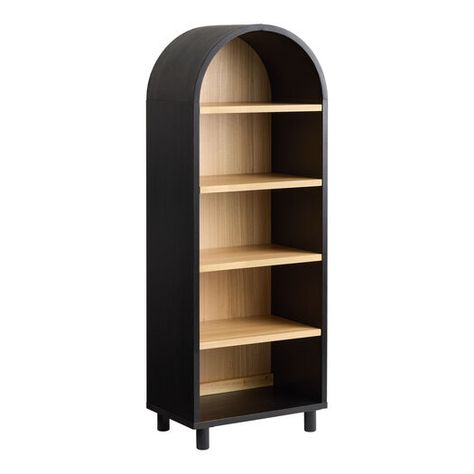 Callum Natural and Charcoal Black Wood Arch Bookshelf by World Market Dark Bookshelf Styling, Arch Bookshelf, Dark Bookshelves, Wood Ledge, Arched Bookcase, Blue Sofa Living, Moody Office, Kitchen Bookshelf, Mid Century Modern Bookcase