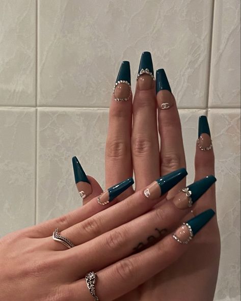 acrylic nails Teal Aesthetic Nails, Teal Green Nails Acrylic, Dark Green Nails With Rhinestones, Teal Nail Inspo Acrylic, Teal Nails Aesthetic, Dark Turquoise Nails Acrylic, Teal Nails For Prom, Dark Teal Prom Nails, Dark Teal Blue Nails