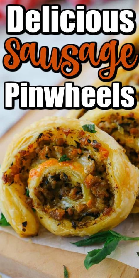 These Delicious Sausage Pinwheels are made in a buttery puff pastry filled with Italian sausage meat, spinach and cheese, and a flavor of pesto. Perfect for a snack, appetizer, added to a lunchbox and more!! #sausagepinwheels #pinwheels Sausage Appetizer Recipes, Pinwheels Appetizers, Sausage Pinwheels, Sausage Appetizers, Sausage Meat, Puff Pastry Appetizers, Gourmet Appetizers, Pinwheel Appetizers, Puff Pastry Filling