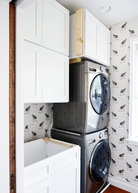 How We Installed Our Laundry Cabinets Laundry Bags Diy, Small Laundry Room Design Ideas, Small Laundry Room Design, Kim Scott, Laundry Room Design Ideas, Washers And Dryers, Small Laundry Room Makeover, Yellow Brick Home, Stylish Laundry Room