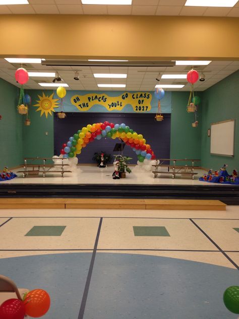 Pre k graduation...oh the places you'll go...with rainbow balloon arch Pre K Graduation Ideas Decorations, Pre K Graduation Decorations, Kindergarten Graduation Balloon Arch, Prek Graduation Theme Ideas, Rainbow Graduation Theme, Rainbow Preschool Graduation Theme, Rainbow Theme Prek Graduation, Rainbow Kindergarten Graduation, Preschool Graduation Decorations