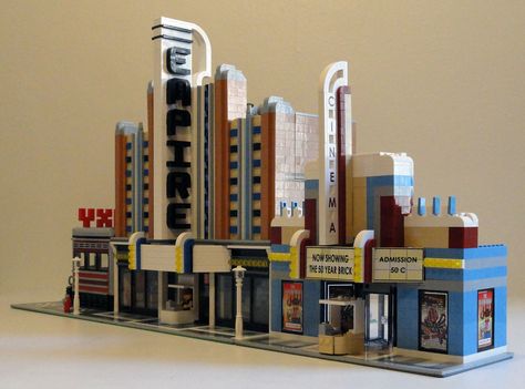 https://flic.kr/p/9xqNzR | Galaxy Diner and Empire Theater | My third (and fourth) CC-standard build, based off of the classic American diners and Art Deco movie theaters of the 1930s and 40s.  Comparison with the Cinema from 10184 Town Plan.  Based on some of the feedback I have gotten, I have decided to publish this creation on CUUSOO - click here if you want to vote for it! Classic American Diner, Art Deco Theater, Lego Town, Minecraft Inspo, American Diner, Movie Theaters, Art Deco Buildings, Modular Building, The Cinema