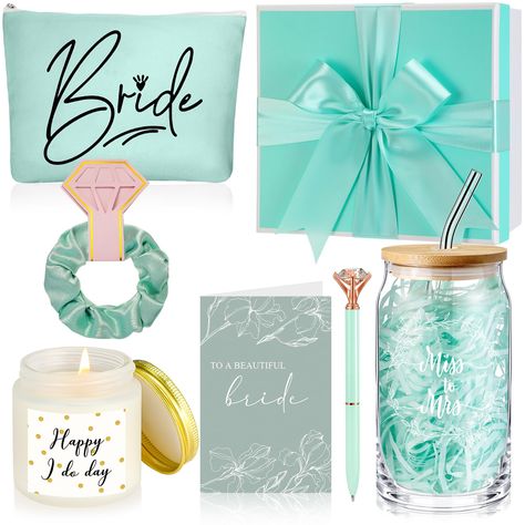 PRICES MAY VARY. Wedding Gifts for Bride: the package includes 1 pc of can shaped drinking glass with straw, 1 pc of bride makeup bag, 1 pc of crystal pen, 1 pc of scented candle, 1 pc of scrunchies, 1 pc of wedding card and 1 pc of gift box with raffia, the content is rich and varied, suitable for future bride, newly engaged best friend, bestie, best friend, sister, daughter, co worker or other brides Cute Glass Cup: the can shaped drinking glass is made of quality glass material with bamboo li Bridemaids Gifts Package, Bridal Shower Green, Wedding Card Gift, Glass With Straw, Bride Makeup Bag, Best White Elephant Gifts, Bridal Shower Gifts For Bride, Crystal Pen, Bridal Bachelorette Party