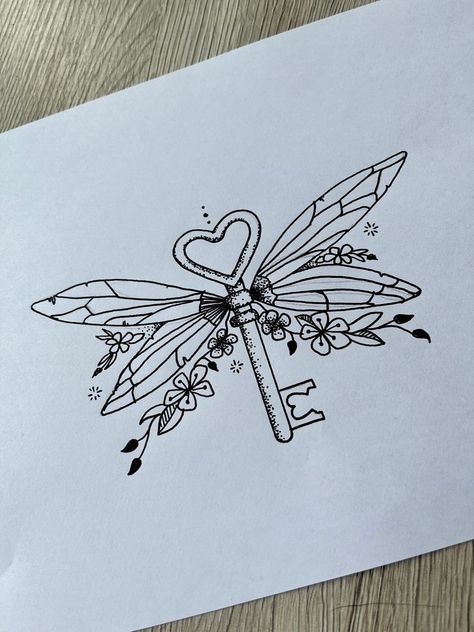 Harry Potter Tattoos Floral, Wand Drawings Harry Potter, Flying Keys Harry Potter Tattoo, Line Art Harry Potter, Harry Potter Flying Key Tattoo, Harry Potter Keys With Wings, Harry Potter Key Tattoo, Harry Potter Best Friend Tattoos, Key Drawing Simple