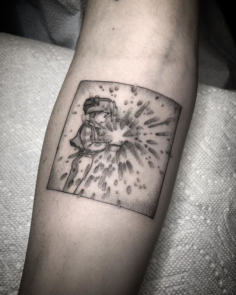 James Tran on Instagram: “A young Howl Jenkins Pendragon, from #miyazaki Howl’s Moving Castle.  __________________________________________________________#blackwork…” Howl Pendragon Tattoo, Howell Moving Castle, Howl And Calcifer, Calcifer Tattoo, Howl Jenkins, Howl Pendragon, Castle Tattoo, Anime Tattoos, Miyazaki