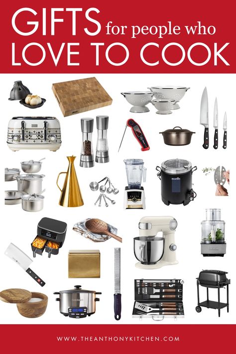 Image for Pinterest. White text with red boxes behind it, and images of Christmas gift ideas for home cooks and men who like to cook outdoors on the grill. Gifts For Steak Lovers, Cooking Gifts For Men, Big Easy Turkey Fryer, Classy Appetizers, Garlic Roaster, Gifts For Foodies, Basket Gifts, Grilling Utensils, Casserole Set