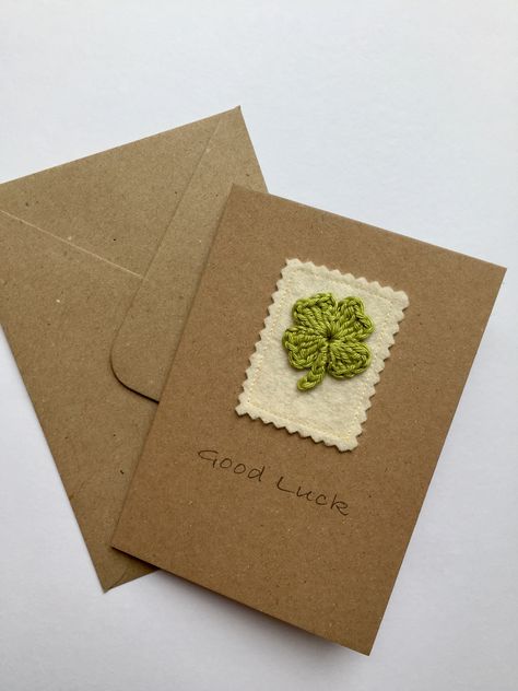 Handmade Good Luck Cards, Good Luck Handmade Cards, Clover Leaf Embroidery, Clover Card, Good Luck Greeting Card, Lucky Leaf, St Patricks Day Cards, 4 Leaf Clover, Embroidery Cards