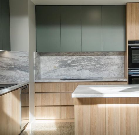 Loving this material and colour combo at Cape Woolamai - @laminexau Green Slate overhead cabinets - @victoriastonegallery beautiful… | Instagram Green And Timber Kitchen, Oak And Green Kitchen, Green Stone Kitchen, Green And Oak Kitchen, Cape Woolamai, Dolomite Stone, Autumn Street, Timber Kitchen, Stone Bench