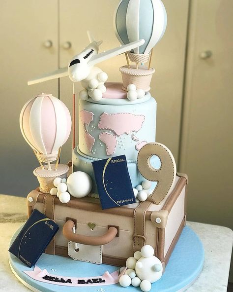 Traveler Cake, Airplane Birthday Party Decorations, Bolo Paris, Airplane Birthday Cakes, Surf Cake, Cake Paris, 14th Birthday Cakes, Cakes Design, Travel Baby Shower Theme