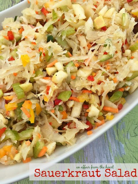 Sauerkraut Salad - An Affair from the Heart Sauerkraut Salad, Sweet Dressing, Sauerkraut Recipes, Good Recipe, Cold Salad, Veggie Salad, Vegetable Salad, Vegetable Side Dishes, Coleslaw