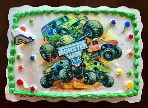 This is a pre-ordered online Walmart 1/4 sheet cake. The icing decal was ordered online through Amazon.  The candle and edible decorations are from any grocery store. Monster Jam Sheet Cake, Monster Jam Cake, Jam Cake, Edible Decorations, Monster Jam, Pinterest Projects, Sheet Cake, 5th Birthday, Grocery Store