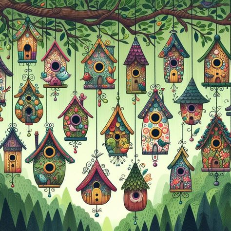 Whimsical Houses Drawing, Whimsical Art Illustrations, Orchid Drawing, Whimsical Art Paintings, Storybook Art, Bird Houses Painted, Art Hobbies, Naive Art, Art Painting Acrylic