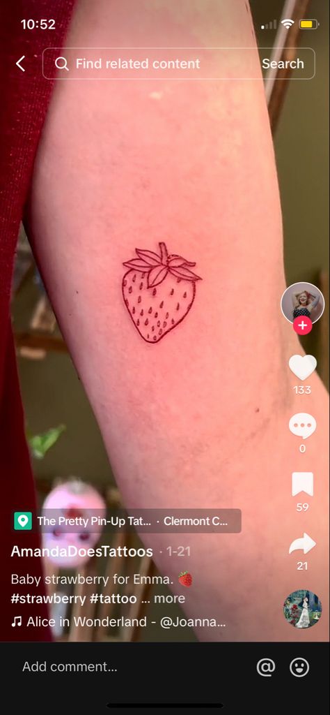 Fineline Color Tattoo, Strawberry Arm Tattoo, Strawberry Postage Stamp Tattoo, Strawberry Patch Tattoo, Red Strawberry Tattoo, Strawberry Tattoo, Waist Tattoos, Red Ink Tattoos, Strawberry Patch