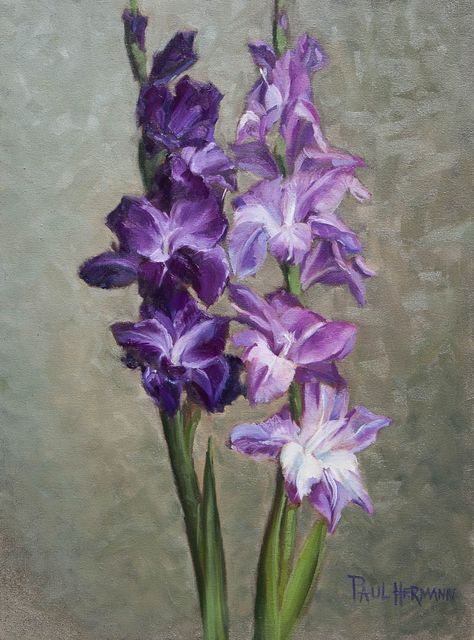 Purple Gladiolus. Oil on canvas, 16 x 12 inches, March 2012. Gladiolus Painting Acrylic, Purple Gladiolus, Gladiolus Painting, Flower Spine Tattoos, Purple Dahlia, Gladiolus Flower, Iris Art, Watercolor Subjects, Purple Art