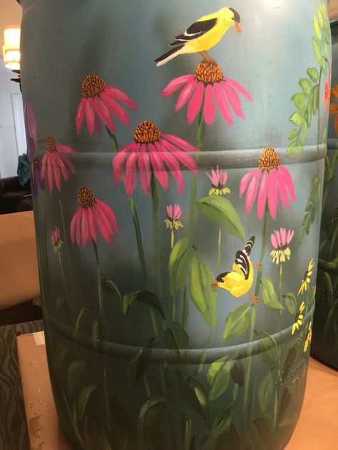 Painted Water Barrel Ideas, Paint Rain Barrel, Rain Barrel Art, Painted Rain Barrels Ideas, Rain Barrel Painting Ideas, Painted Rain Barrels, Painted Barrels, Decorative Rain Barrels, Propane Tank Art