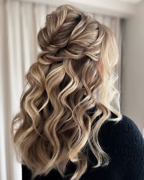 Twisted Half Updo with Piece-y Waves Wedding Waves Hair, Wedding Half Updo, Loose Braid, Braided Half Updo, Bridal Hairstylist, Waves Hair, Hair Half Up, Hair Adviser, Braided Half Up