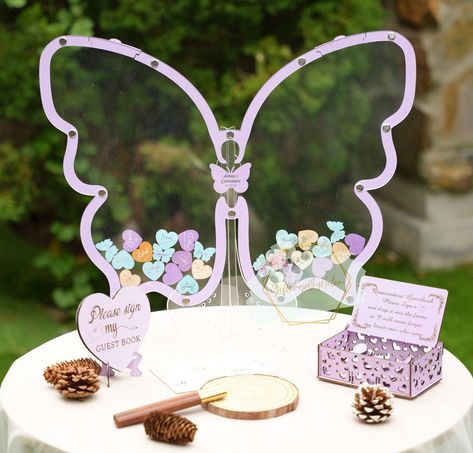 Sweet 16 Butterfly Theme, Book Party Decor, Butterfly Guest Book, Sweet 16 Guest Book, Quinceanera Guest Book, Heart Guest Book, Quinceanera Decorations, Butterfly Heart, Golden Birthday