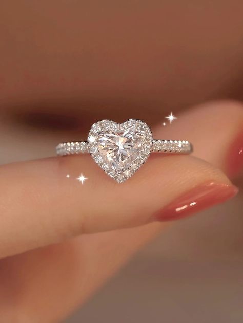 Cute Rings Promise, Wedding Rings Cheap, Heart Silver Ring, Pretty Rings Diamond, Heart Diamond Rings, Engagement Rings Heart, Diamond Rings Silver, Simple Silver Rings, Prom Ring