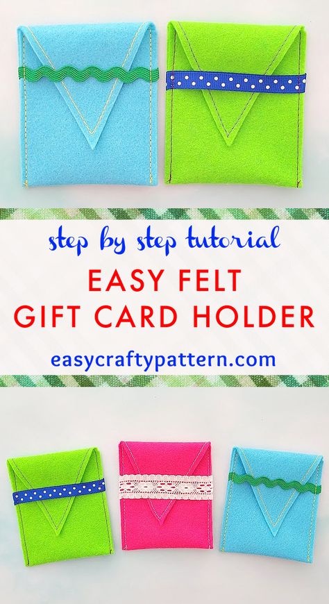 Blue, green, pink felt gift card envelope with ribbon. Felt Envelope, Gift Card Holder Diy, Envelope Tutorial, Mother's Day Gift Card, Gift Card Envelope, Creative Gift Wraps, Diy Gift Card, Felt Gifts, Pouch Tutorial