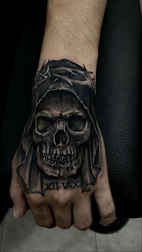 Scary Hand Tattoos For Guys, Santa Muerte Hand Tattoo, Skull Hand Tattoos For Guys, Hand Tattoo Cover Up, Skeleton Hand Tattoos, Hand Tattoo Images, Cover Up Tattoos For Men, Indian Skull Tattoos, Aztec Tattoos Sleeve