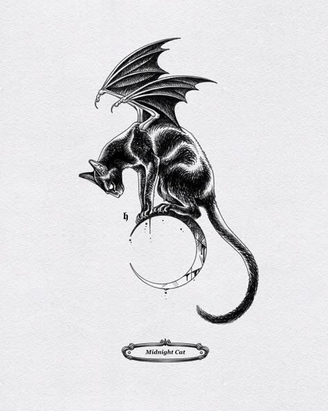 Mythical Cat Tattoo, Demonic Cat Tattoo, Black Cat With Wings Tattoo, Winged Cat Drawing, Dragon Cat Tattoo, Ink Cat Drawing, Cat Tattoo Idea, Gargoyle Tattoo, Black Cat Tattoos