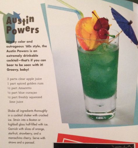 Austin Powers drink Austin Powers Party Decorations, Austin Powers Party, Austin Powers Theme, Sixties Party, Casino Party Invitations, 60th Bday, Casino Night Fundraiser, Casino Decorations, Shakes Drinks