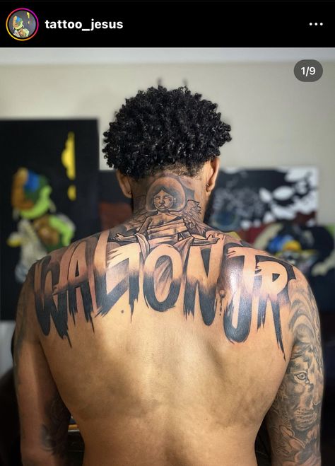 Back Tattoos For Guys Lettering, Portrait Chest Tattoo Men, Family Back Tattoos For Men, Chest Name Tattoo Men, Last Name Tattoos For Men On Back, Last Name Back Tattoos For Men, Full Stomach Tattoos Men, Lettering Back Tattoo, Lower Abdomen Tattoo Men