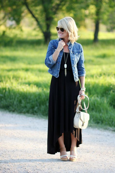 Black Jean Jackets, Black Maxi Dress Outfit, Black Dress Outfit Casual, Hi Sugarplum, Spring Outfit Ideas, Dress With Jean Jacket, Maxi Dress Outfit, Black Dress Outfits, Style Inspiration Spring