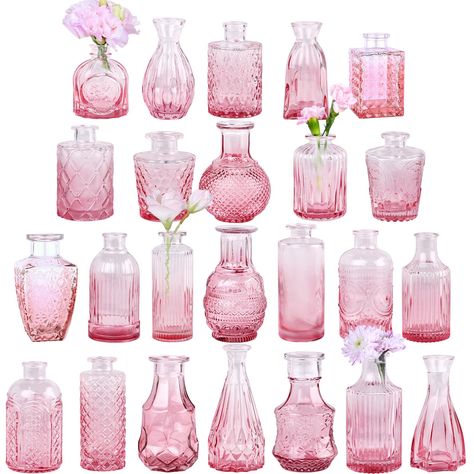 PRICES MAY VARY. 【 Vintage Style 】TBWIND small flower bud vases set of 24 ,each pink glass vase is decorated with etched patterns to further enhance its attractiveness. The different desgin mini vase is pleasant to the eyes even without flowers. Whether you're aiming for a minimalist look or a more elaborate arrangement, these different desgin mini vases provide the perfect foundation for your creative ideas. 【 Decorative Centerpiece 】An pink bud Vase is a captivating and elegant decorative piec Pink Bud Vases, Vases For Centerpieces, Glass Vases Centerpieces, Mini Vases, Single Flowers, Pink Glass Vase, Vintage Wedding Flowers, Small Pink Flowers, Small Vases