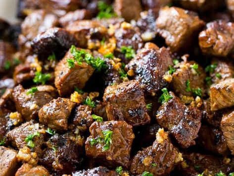 Steak Bites with Garlic Butter Recipe and Nutrition - Eat This Much Marinated Steak Tips, Steak Tip Marinade, Tri Tip Steak Recipes, Rv Cooking, Steak Bites Recipe, Top Sirloin, Steak Tips, Sirloin Tips, Top Sirloin Steak