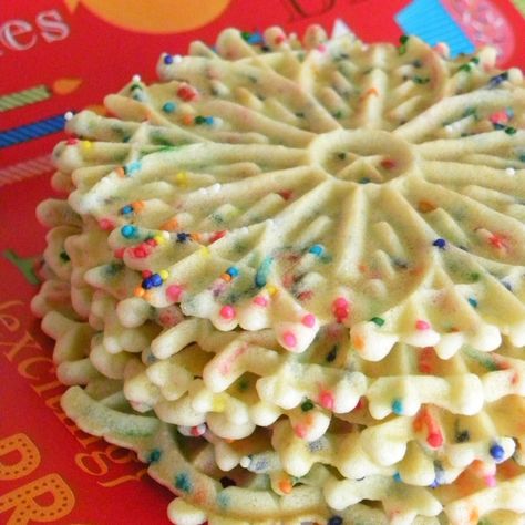 Family Recipes & more • Rainbow Pizzelle Funfetti Pizzelles, Cake Mix Pizzelle Recipe, Orange Pizzelle Recipe, Savory Pizzelle Recipe, Pizzle Cookies Pizzelle Recipe, Pizzelles Recipe Italian, Peanut Butter Pizzelle Recipe, Chocolate Pizzelles, Pizzelle Recipes