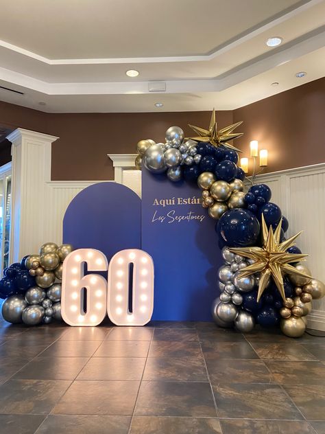 Blue Silver And Gold Balloon Garland, Royal Blue Balloon Arch Backdrop, Elegant Birthday Decor For Men, Backdrop For 50th Birthday Party, Male Birthday Backdrop Ideas, Party For Men Ideas Decorations, 40th Birthday Ideas For Men Blue And Gold, Mens Birthday Backdrop Ideas, 50th Birthday Party Ideas For Men Blue