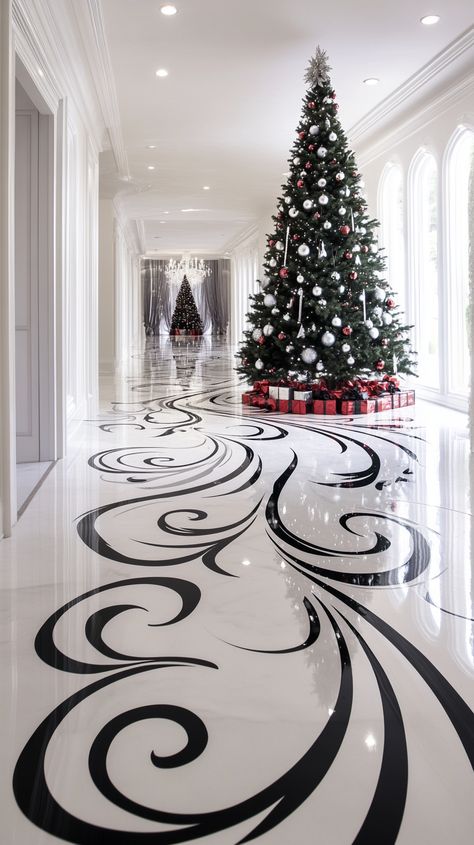 Elegant hallway with white walls, marble floors, and black calligraphy Christmas tree art, featuring a tall decorated tree. Stunning Hallway, Black And White Christmas Decor, Marble Ornaments, White Christmas Decor Ideas, Glam Christmas Tree, Scandinavian Christmas Trees, Luxury Christmas Decor, Faux Fur Tree Skirt, Black And White Vase