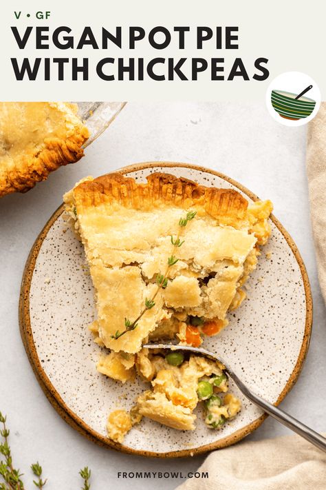 This Vegan Pot Pie combines a flaky pie crust, heart-healthy chickpeas, and a creamy vegetable and potato filling for a mouth-watering main dish everyone will go back for seconds of. Vegan, Gluten-Free, Oil-Free option. Chickpea Pot Pie, Vegan Pot Pie, Vegan Pot Pies, Vegan Pie Crust, Potato Filling, Healthy Slice, Gluten Free Thanksgiving, Vegan Pie, Flaky Pie Crust