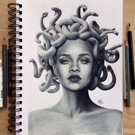 Rihanna Drawing, Rihanna Art, Medusa Artwork, Medusa Drawing, 3d Art Painting, Pop Art Tattoos, Medusa Tattoo Design, Medusa Art, Satirical Illustrations