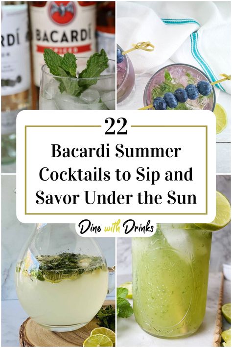 Collage of 4 bacardi summer cocktails. Bacardi Cocktails Recipes, Bacardi Drinks Recipes, Bacardi Limon Drinks, Bacardi Mixed Drinks, Bacardi Cocktails, Bacardi Drinks, Brazilian Cocktail, Bacardi Cocktail, Ibiza Party