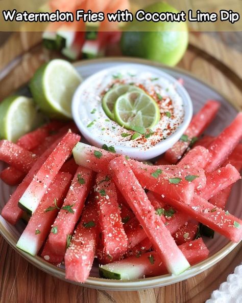 Watermelon Fries With Coconut Lime Dip, Coconut Lime Dip, Watermelon Fries, Lime Dip, February Quotes, Family Dinner Party, Refreshing Food, Summer Eating, Just Eat It