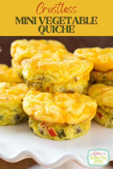 These Crustless Mini Vegetable Quiche are simple decadence. Simple, because they bake in a muffin tin which results in individual portions and they're cute as a button, too. These decadent creamy mini quiche can be made with a plethora of flavor combinations and variations personalizing each one to your taste. Crustless Quiche Muffins, Muffin Pan Quiche, Quiche Recipes Crustless, Mini Quiche Recipes, Quiche Muffins, Vegetarian Quiche, Veggie Quiche, Vegetable Quiche, Breakfast Quiche Recipes