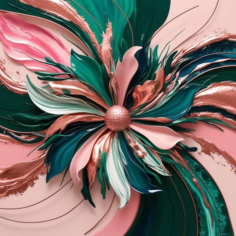 Elevate your space with this exquisite Boho-inspired floral abstract art print. This artwork features a beautifully detailed flower with a harmonious blend of rose gold, teal, and soft pink hues. The intricate design and fluid motion of the petals create a dynamic and eye-catching piece that adds a touch of elegance to any room. Perfect for those who appreciate the bohemian aesthetic with a modern twist, this digital download offers a quick and stylish way to enhance your home or office decor. T Teal And Pink Color Scheme, Floral Abstract Art, Pink Flower Design, Pink Color Schemes, Abstract Floral Art, Bohemian Aesthetic, Creative Spaces, Bachelor Pad, Floral Abstract